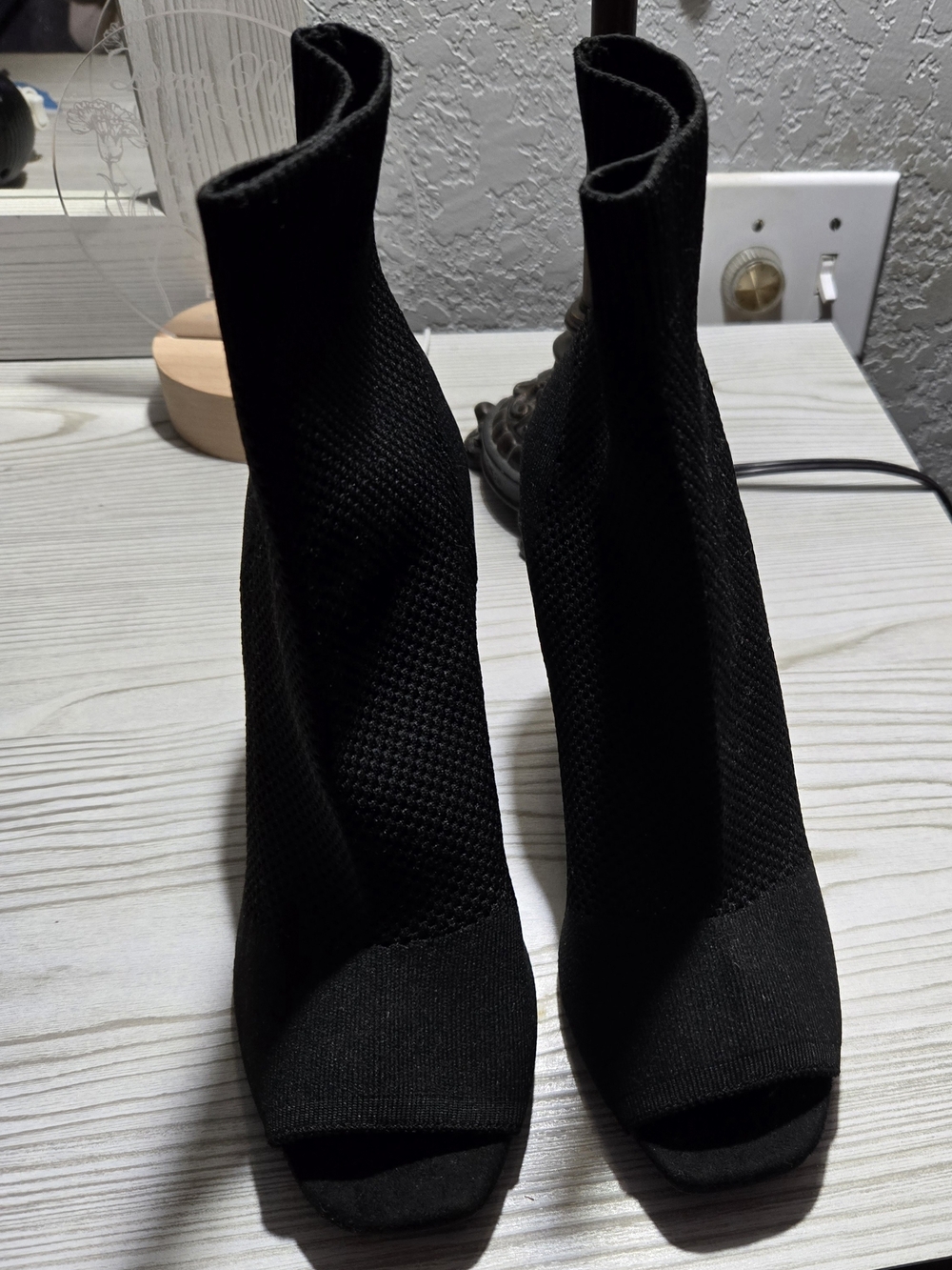 MIA Black Peep-Toe Knit Sock Heeled Boots